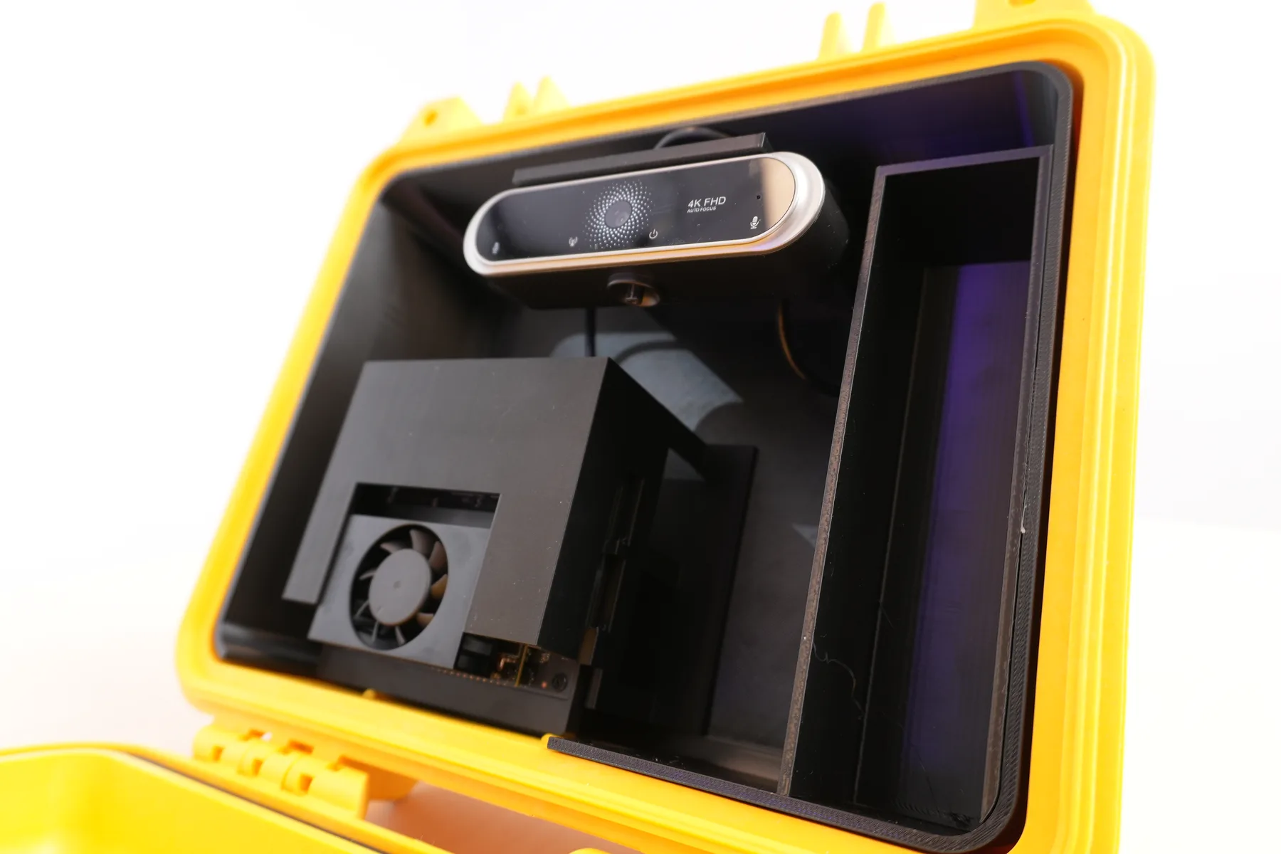 Open Wendy Box showing the computer and cameras packed inside the rugged case